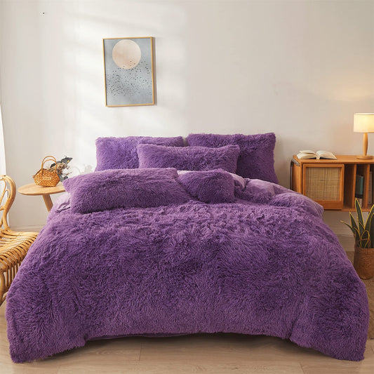 Dark Purple Faux Fur Comforter Cover Set Ultra Soft Plush Bedding Sets 3 Pieces