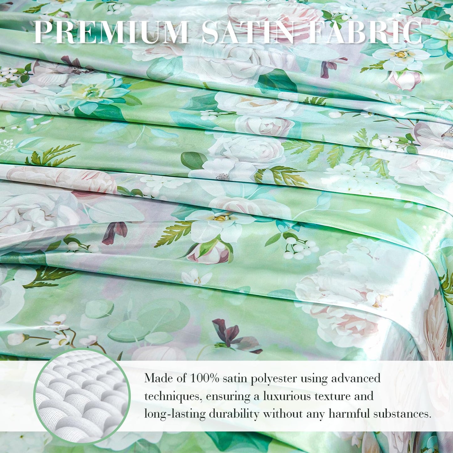 Floral Print - Luxurious Silky Feel Queen Sheet Set - Elegant Smooth Satin Bed Sheets