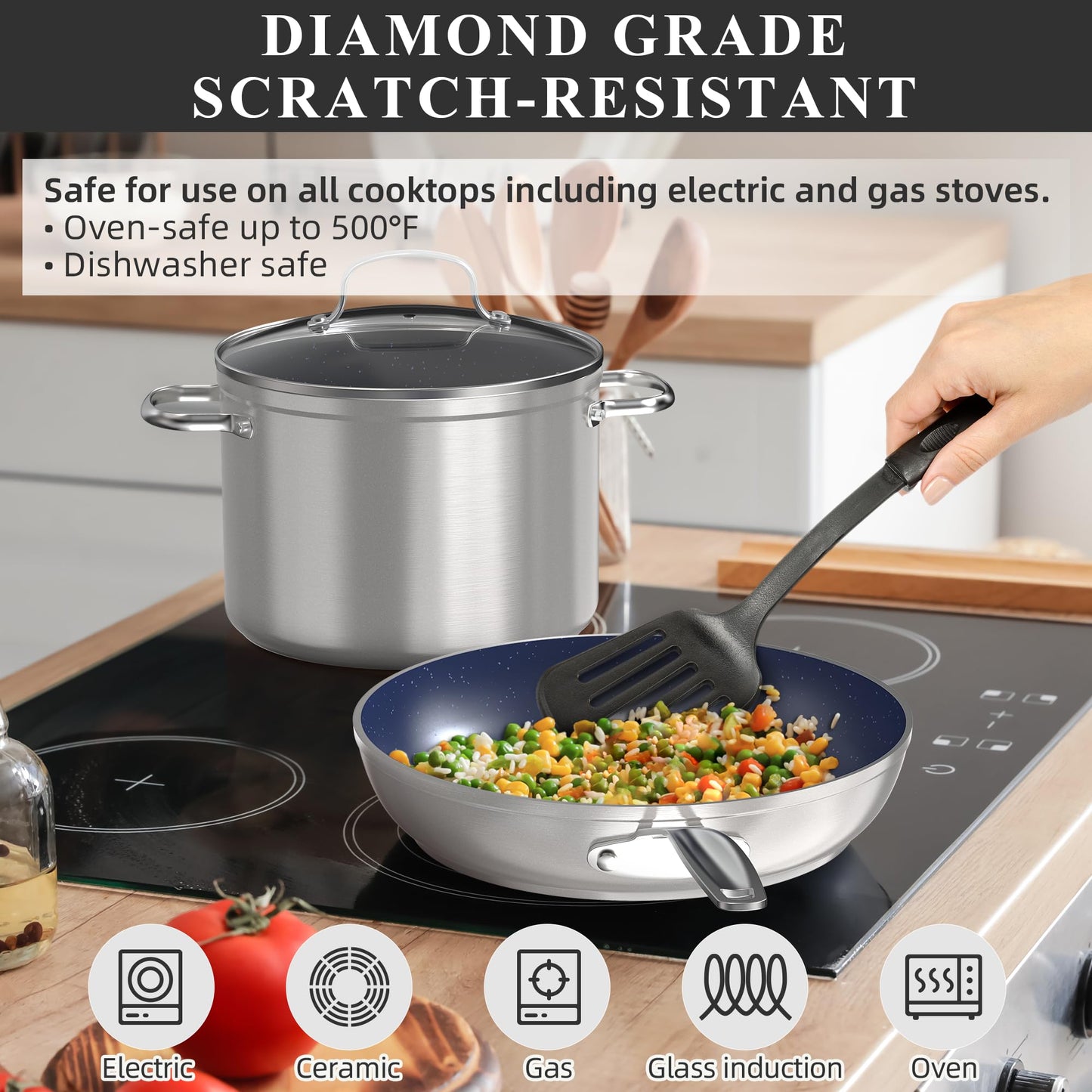 Ceramic Nonstick Cookware Set, Diamond Infused Scratch-Resistant