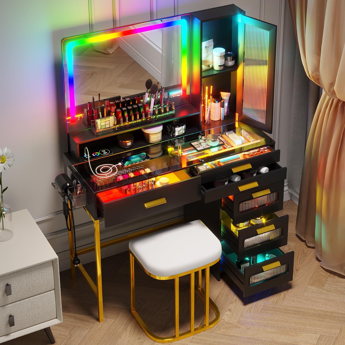 RGB LED Vanity Desk with Mirror and Lights, 39.5" Black Makeup Vanity Table