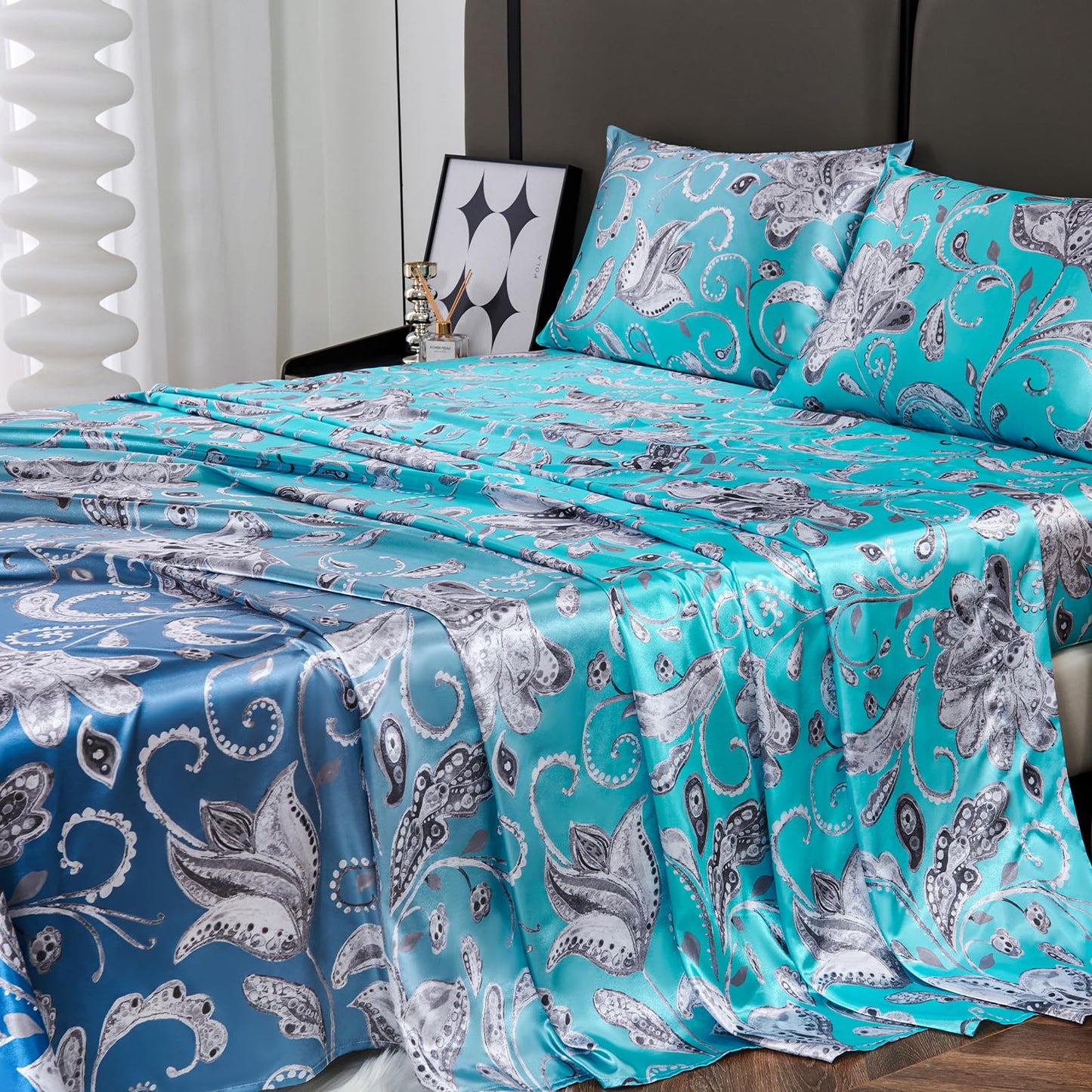 Floral Print - Luxurious Silky Feel Queen Sheet Set - Elegant Smooth Satin Bed Sheets