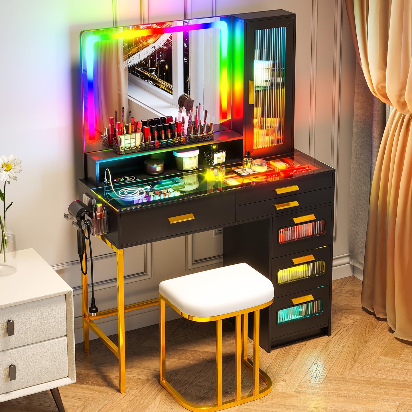 RGB LED Vanity Desk with Mirror and Lights, 39.5" Black Makeup Vanity Table