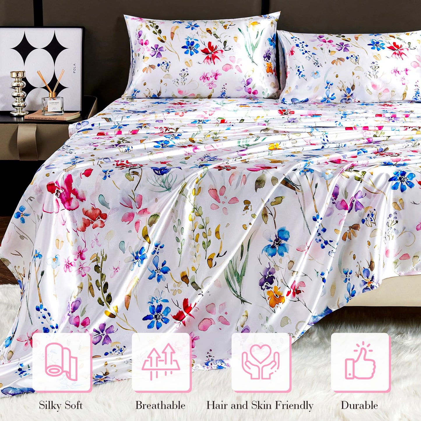 Floral Print - Luxurious Silky Feel Queen Sheet Set - Elegant Smooth Satin Bed Sheets