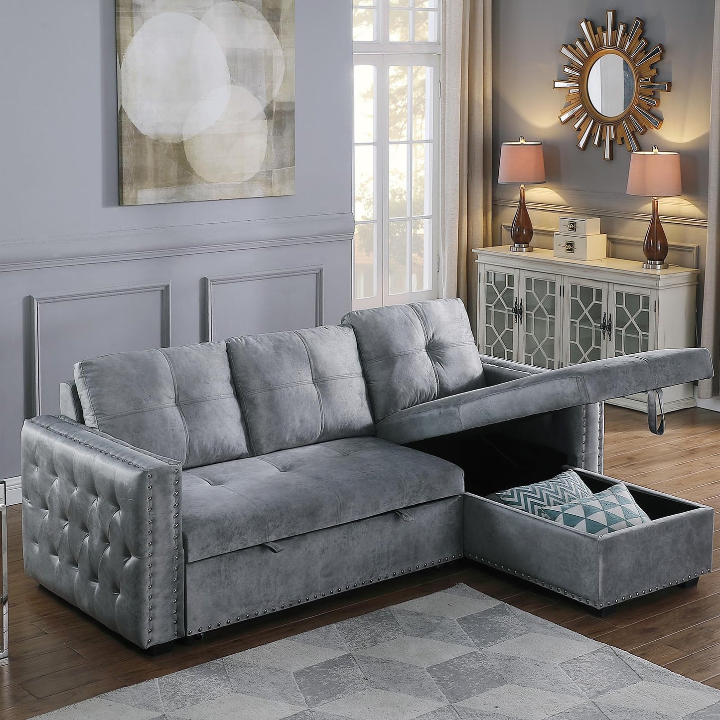 Reversible Sectional Comfy Sleeper Sofa with Pull Out Bed Storage Oversized 91 inches