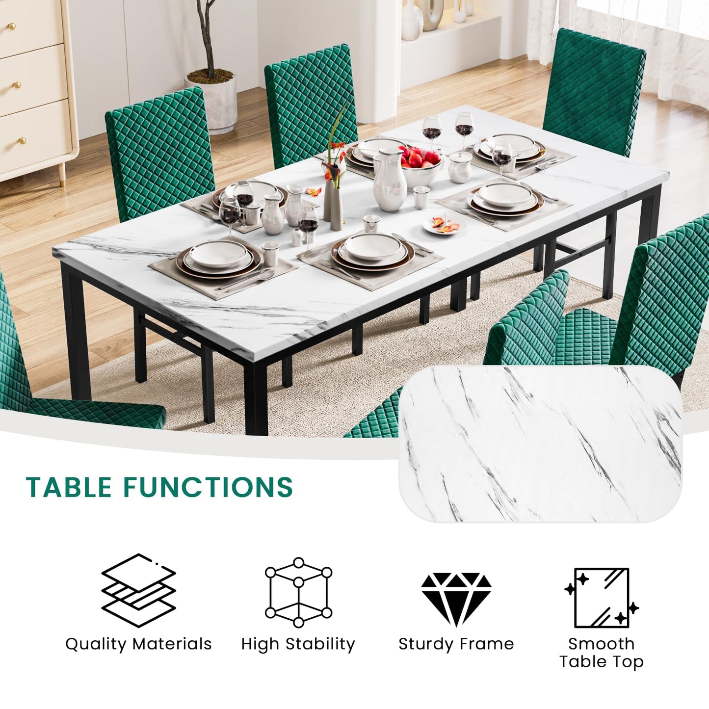 Dinner Table for 6, Marble Dining Room Table Set with Velvet Dining Chairs, 7 Piece