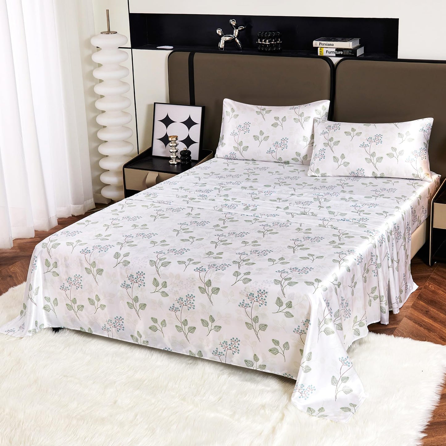 Floral Print - Luxurious Silky Feel Queen Sheet Set - Elegant Smooth Satin Bed Sheets