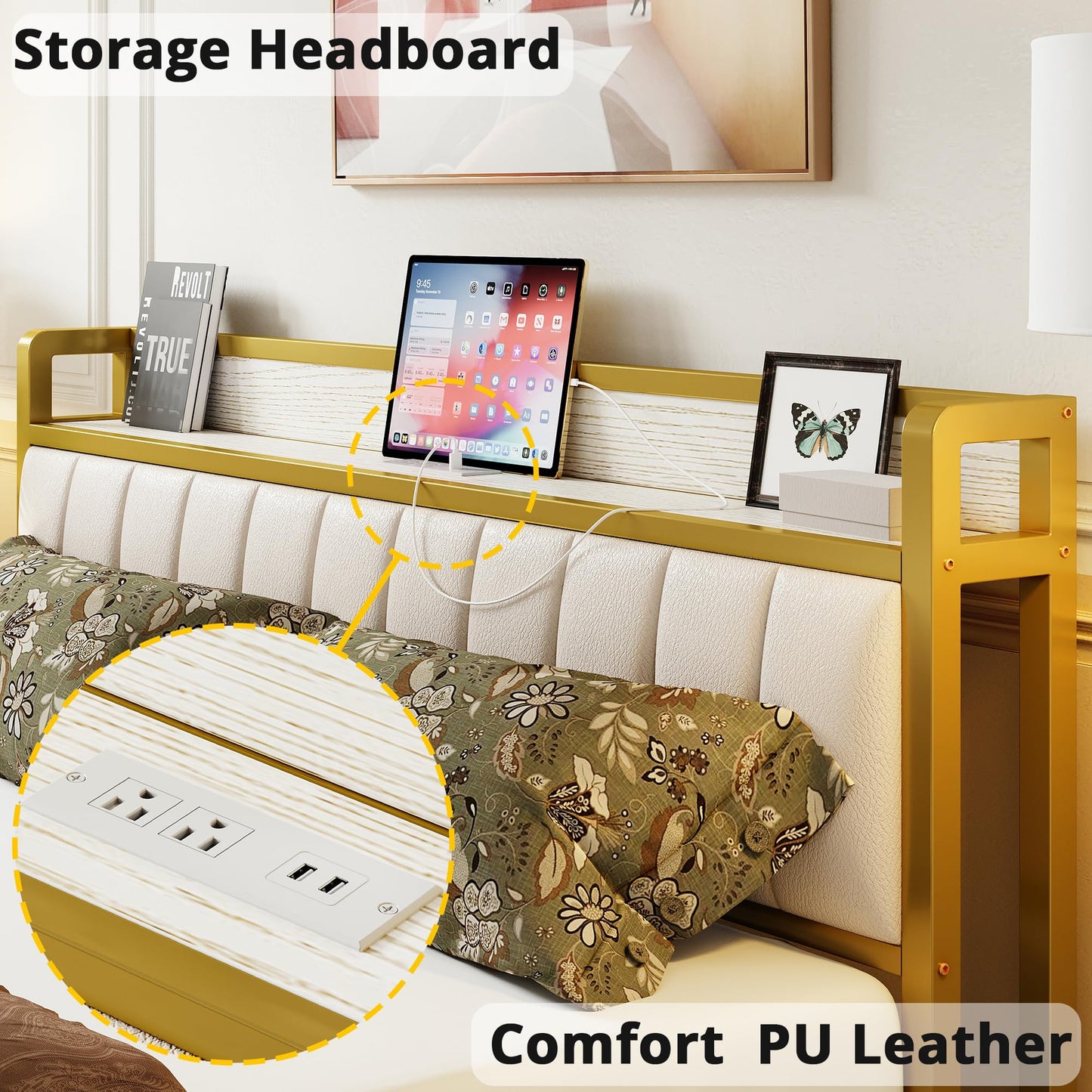 King Bed Frames, Storage Headboard with Charging Station