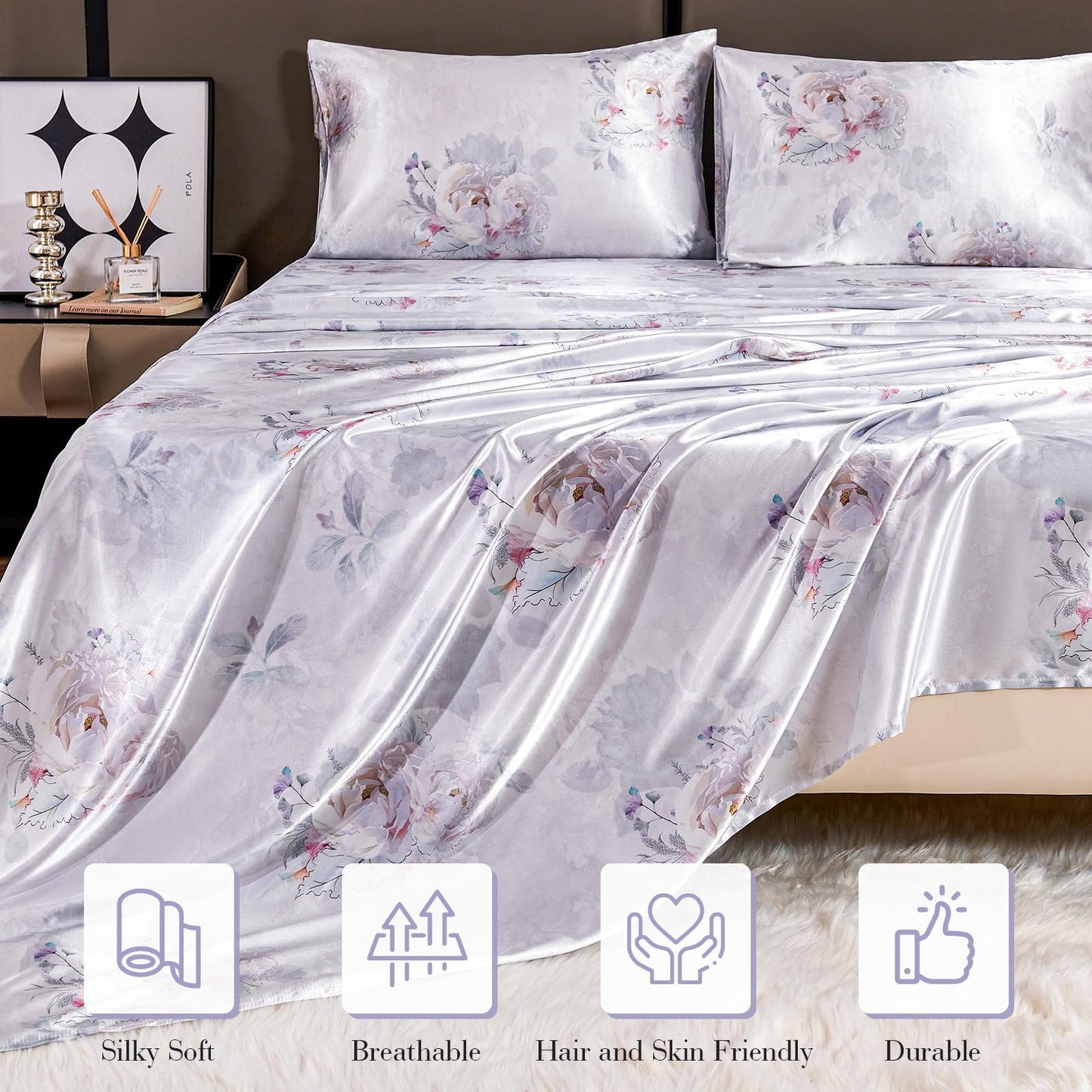 Floral Print - Luxurious Silky Feel Queen Sheet Set - Elegant Smooth Satin Bed Sheets