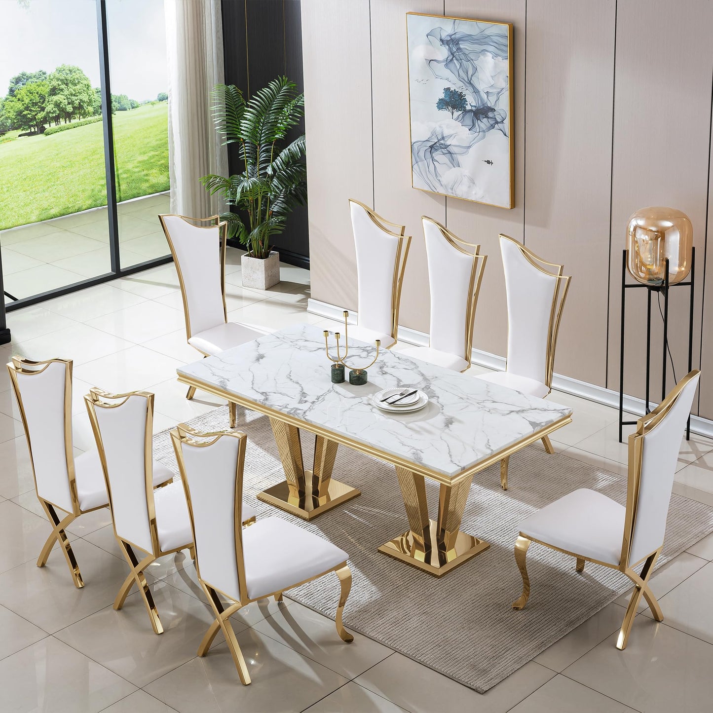 70 Inch White Marble Kitchen Table with Gold Mirrored Cabriole Legs