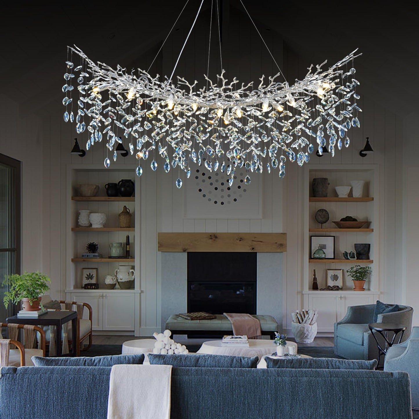 H134'' Modern Crystal Tree Branch Chandelier, Foyer High Ceiling Chandelier