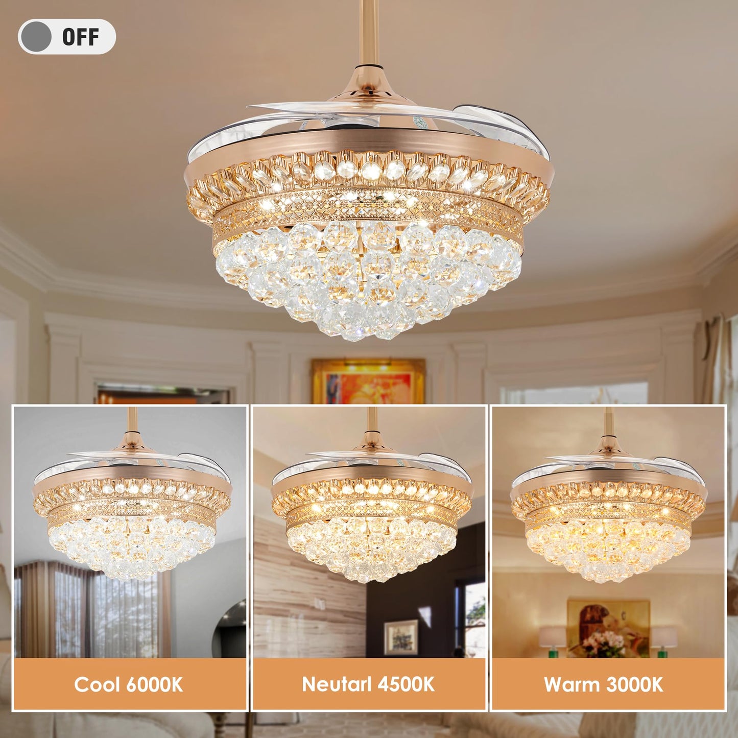 42" Crystal Chandelier Ceiling Fan and Remote, Gold Luxury Fan