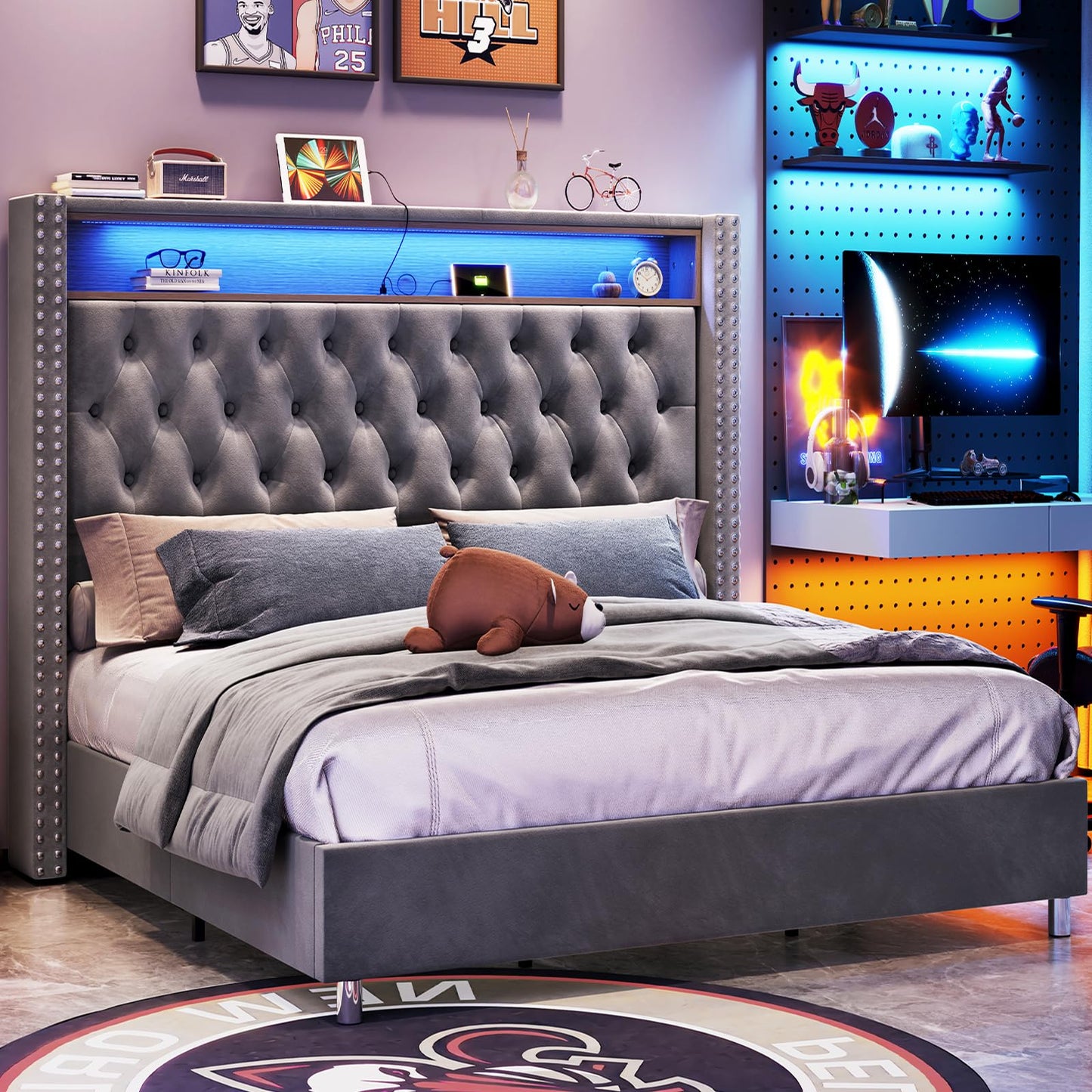 LED King Size Bed Frame and Headboard with Charging Station Velvet Upholstered