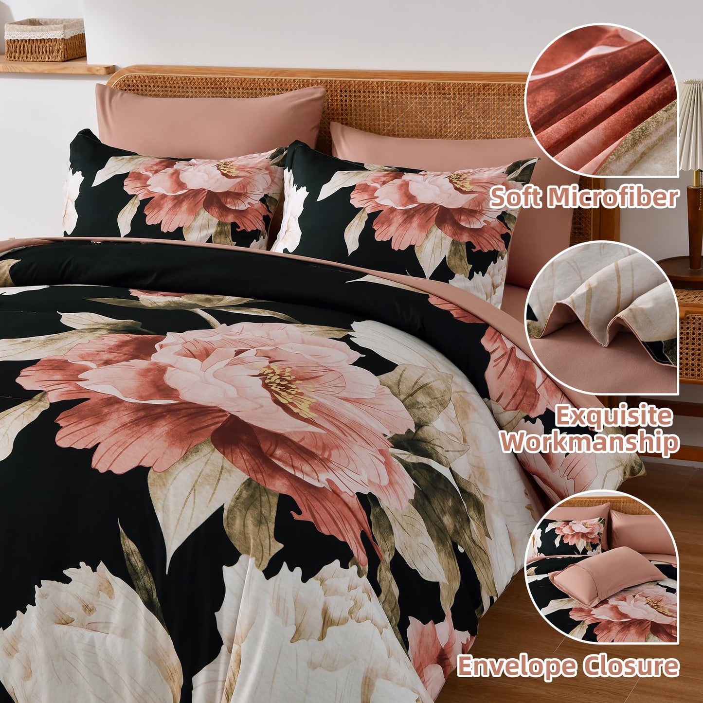 Black Queen Comforter Set 7 Piece Bed in a Bag, Pink Floral Printed