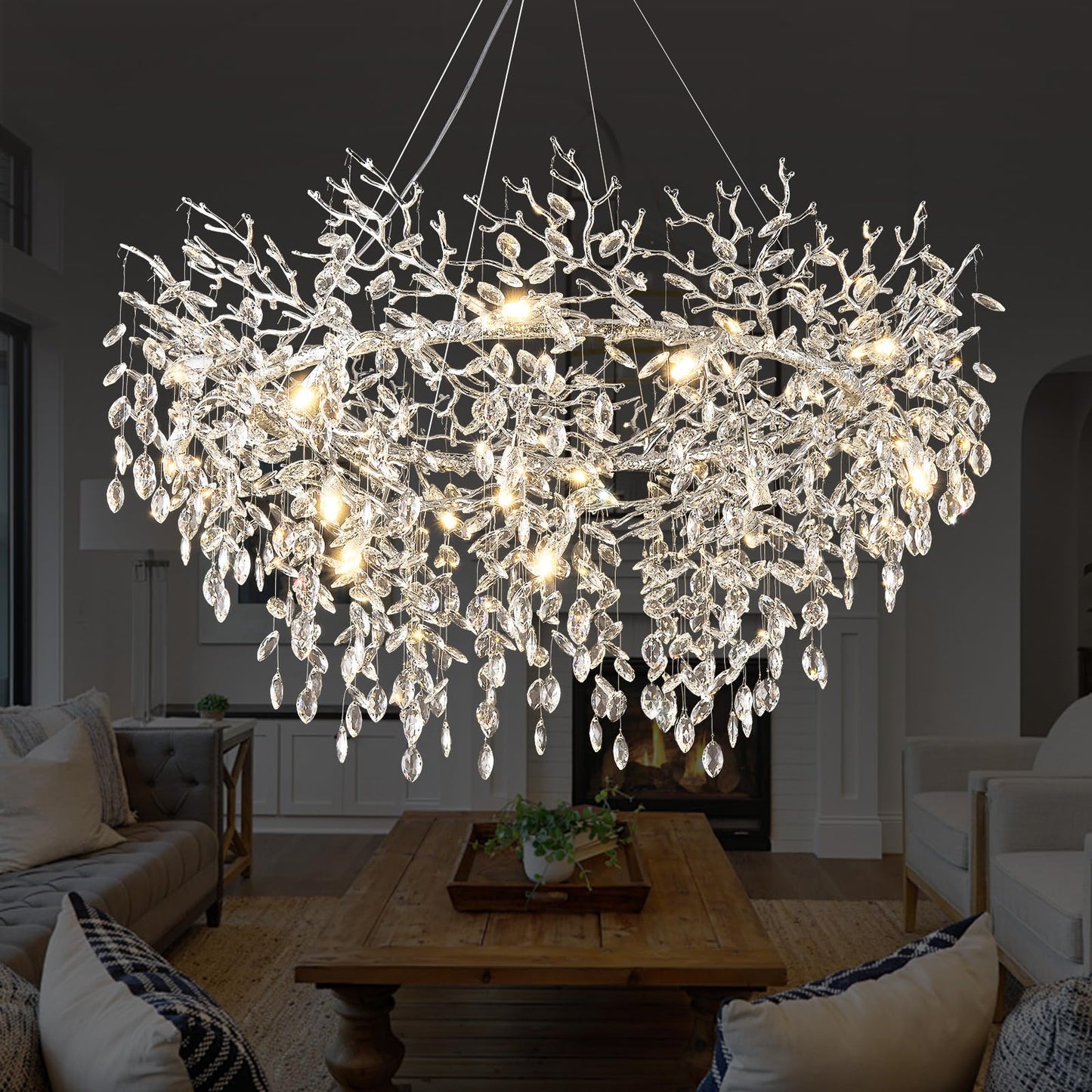 H134'' Modern Crystal Tree Branch Chandelier, Foyer High Ceiling Chandelier