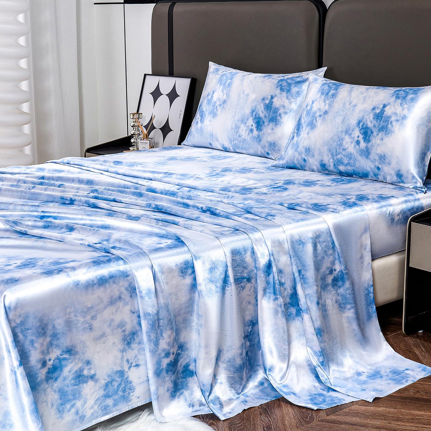 Floral Print - Luxurious Silky Feel Queen Sheet Set - Elegant Smooth Satin Bed Sheets