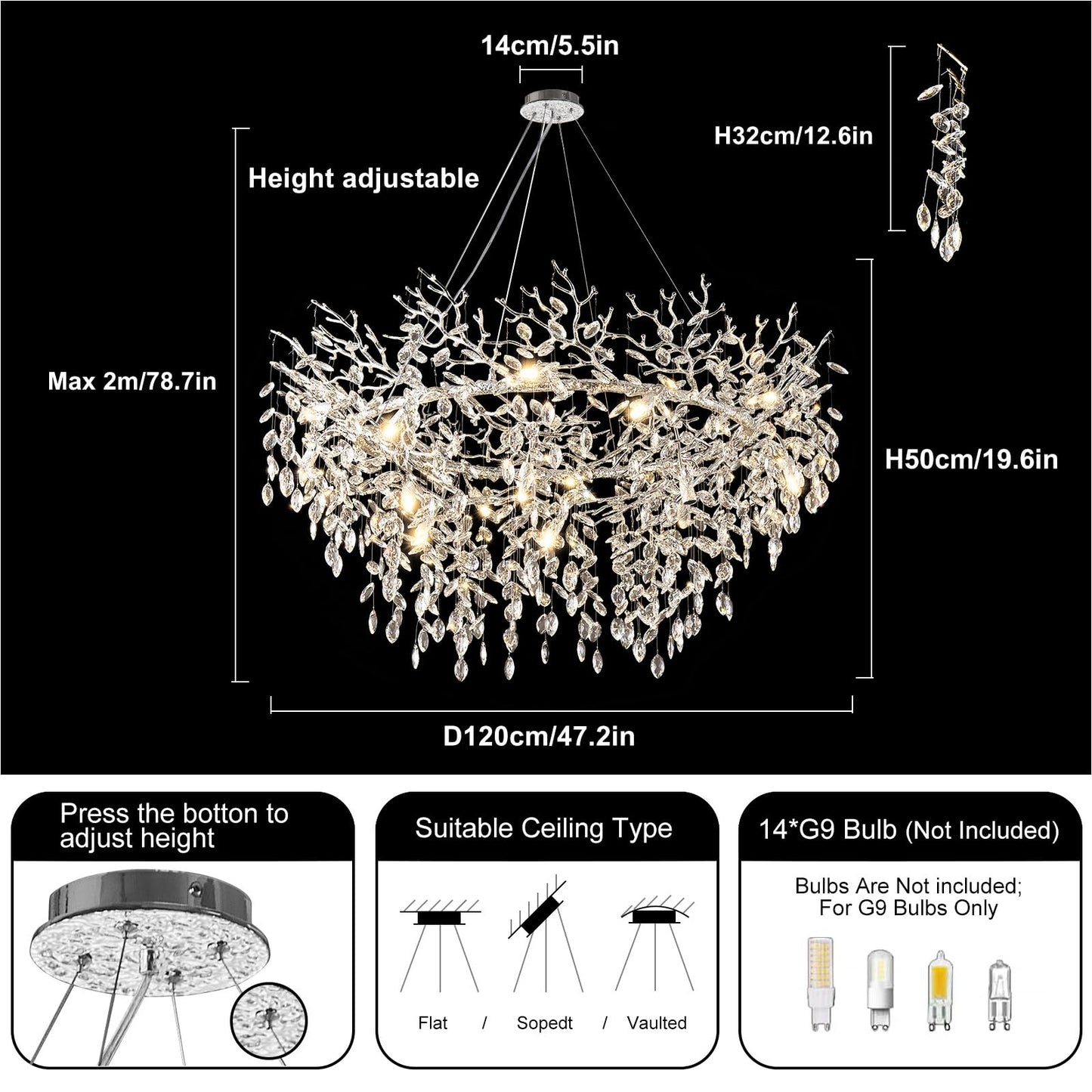 H134'' Modern Crystal Tree Branch Chandelier, Foyer High Ceiling Chandelier