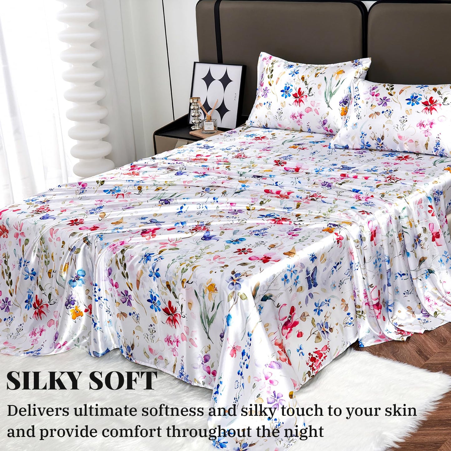 Floral Print - Luxurious Silky Feel Queen Sheet Set - Elegant Smooth Satin Bed Sheets