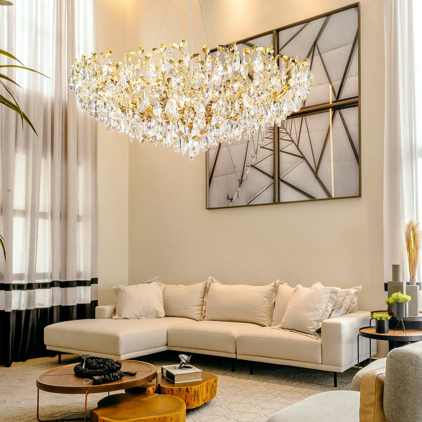 Modern Crystal Chandelier, Gold Pendant Flower Hanging Lighting