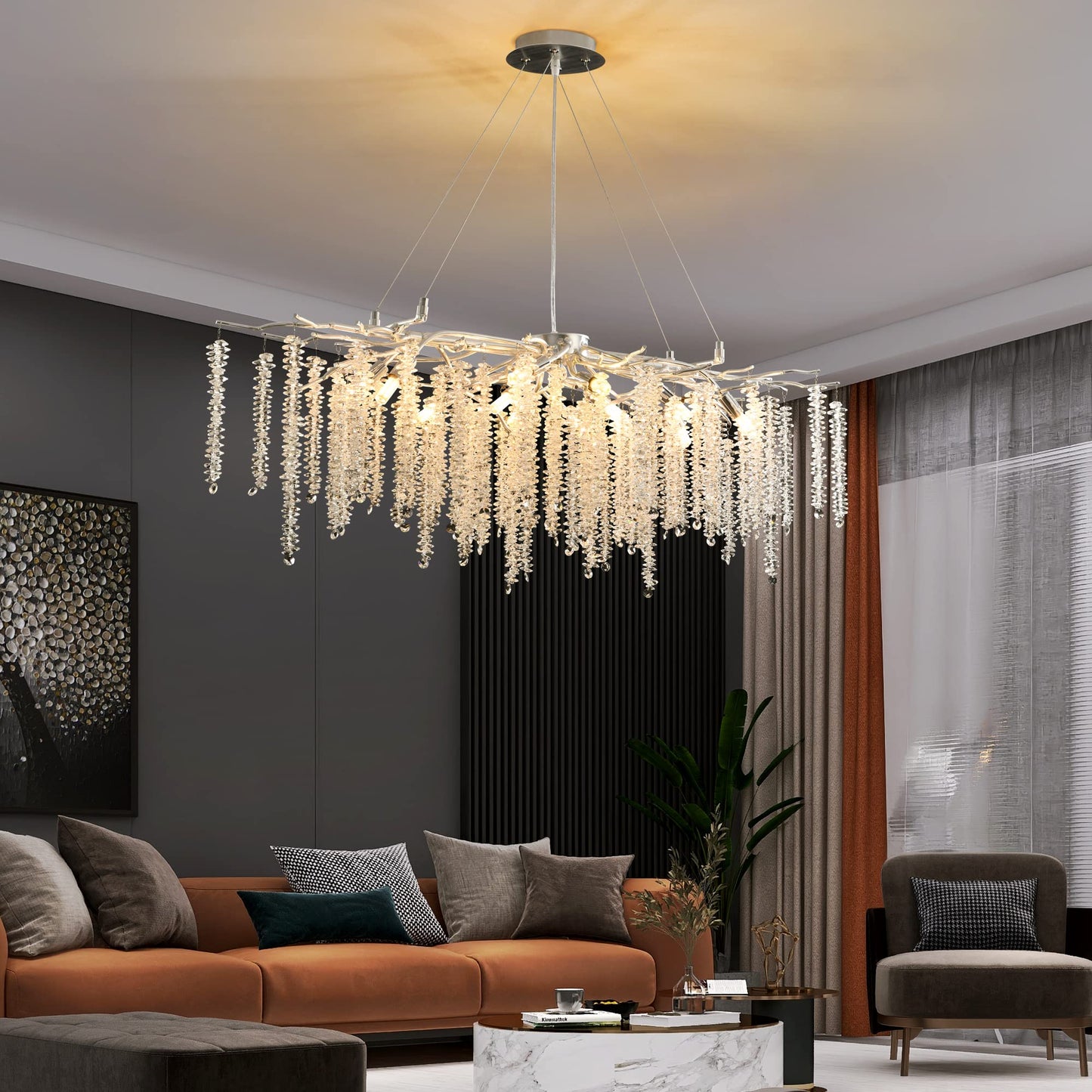 Modern Crystal Tree Branches Chandelier Gold Round Raindrop