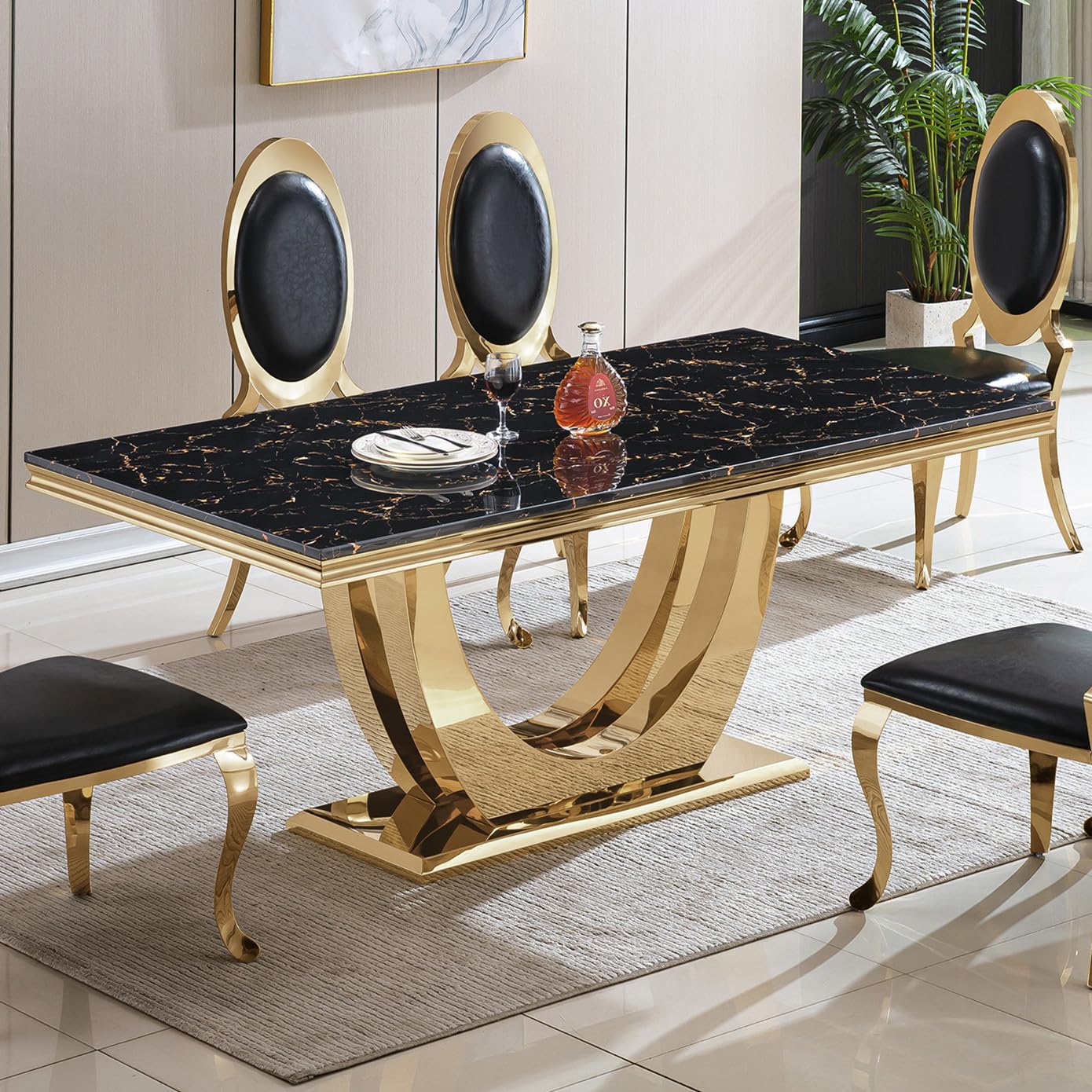 70 Inch White Marble Kitchen Table with Gold Mirrored Cabriole Legs