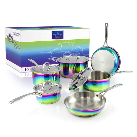 Iridescent Rainbow Cookware Set - Premium Heavy Duty Stainless Steel and Titanium Pots & Pans Set