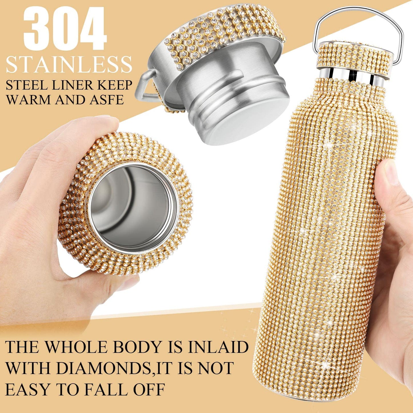 2 Pieces Bling Water Bottle Diamond - Rhinestone with Chain Stainless Steel