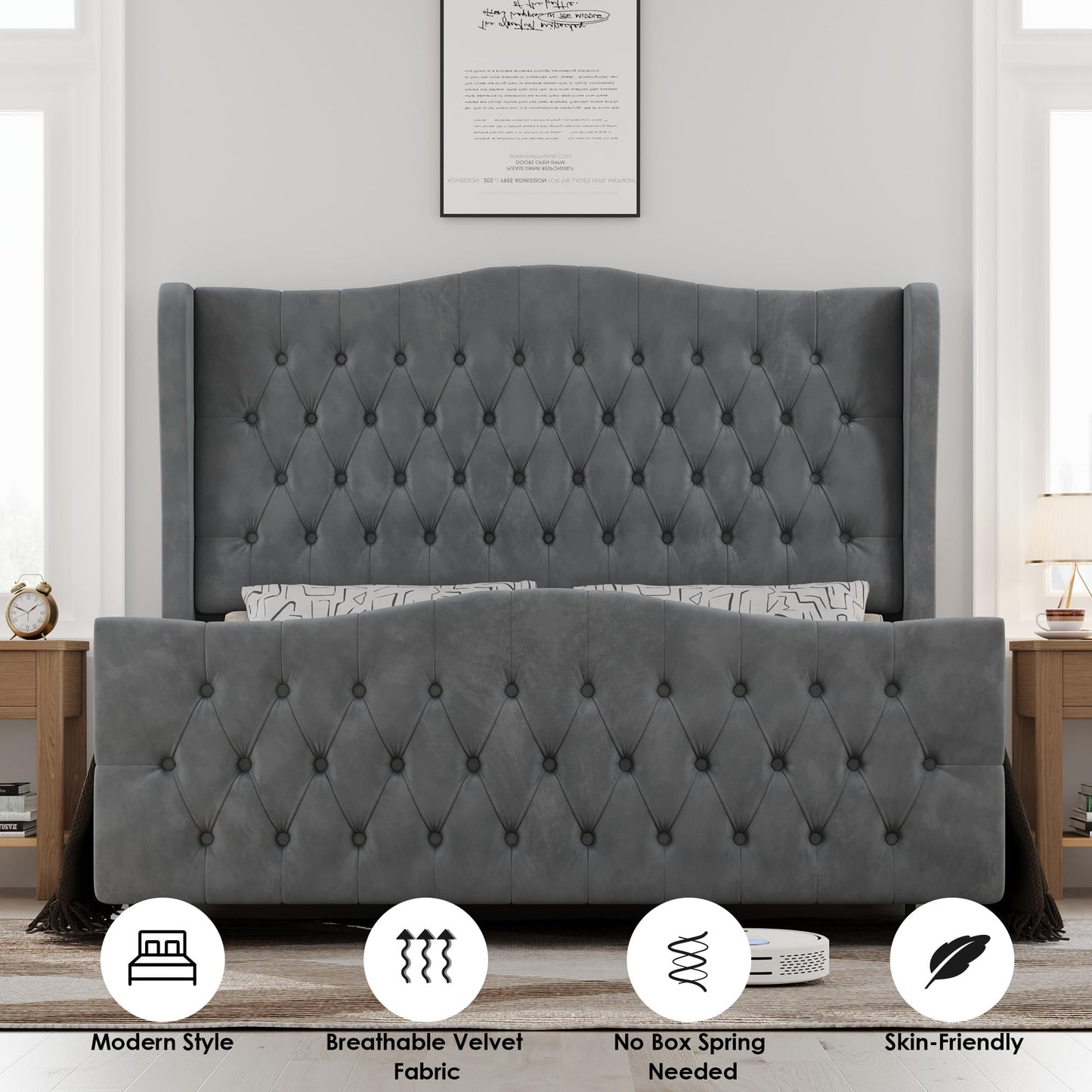 Tall Platform Bed Frame with Deep Button Tufted Wingback Headboard and Footboard