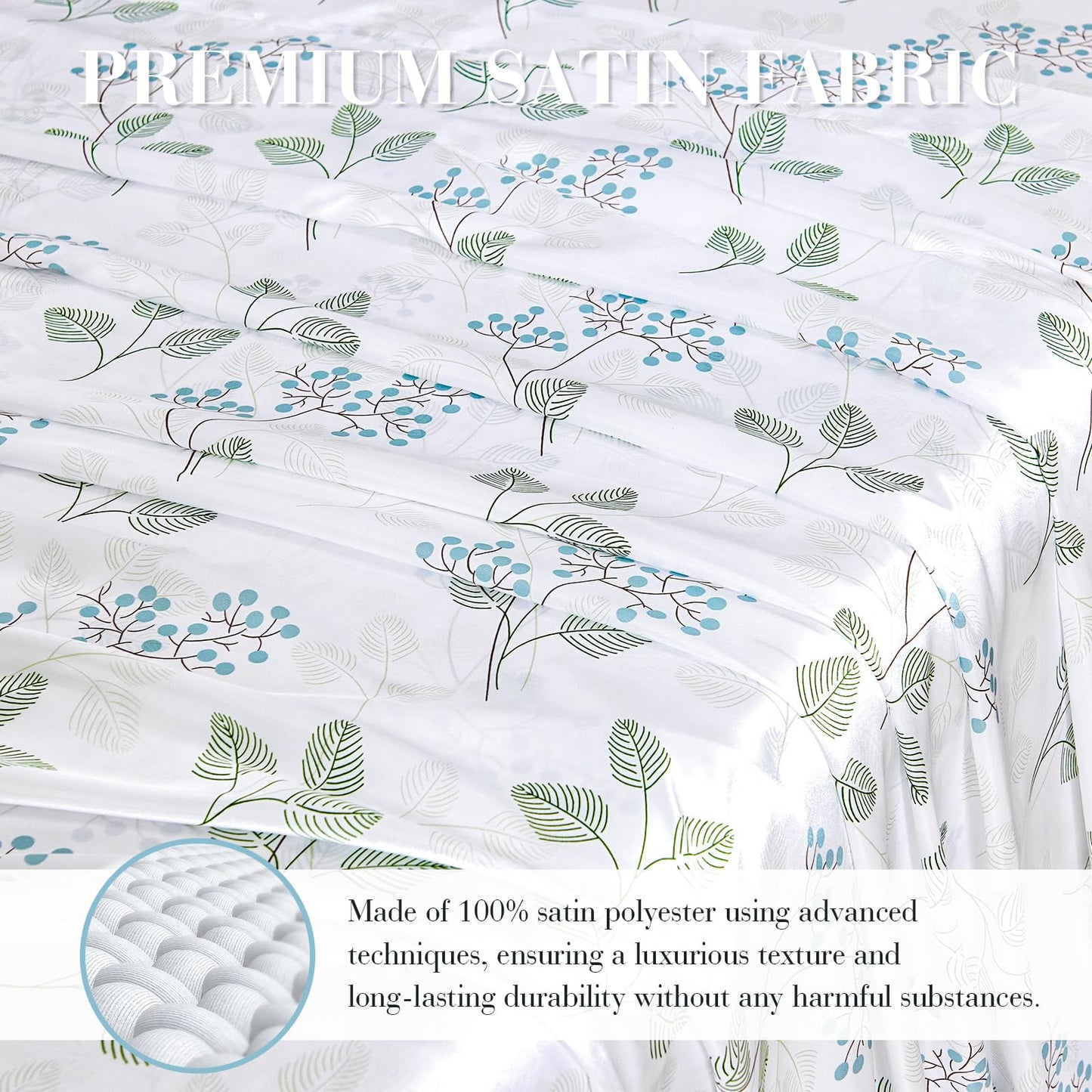 Floral Print - Luxurious Silky Feel Queen Sheet Set - Elegant Smooth Satin Bed Sheets