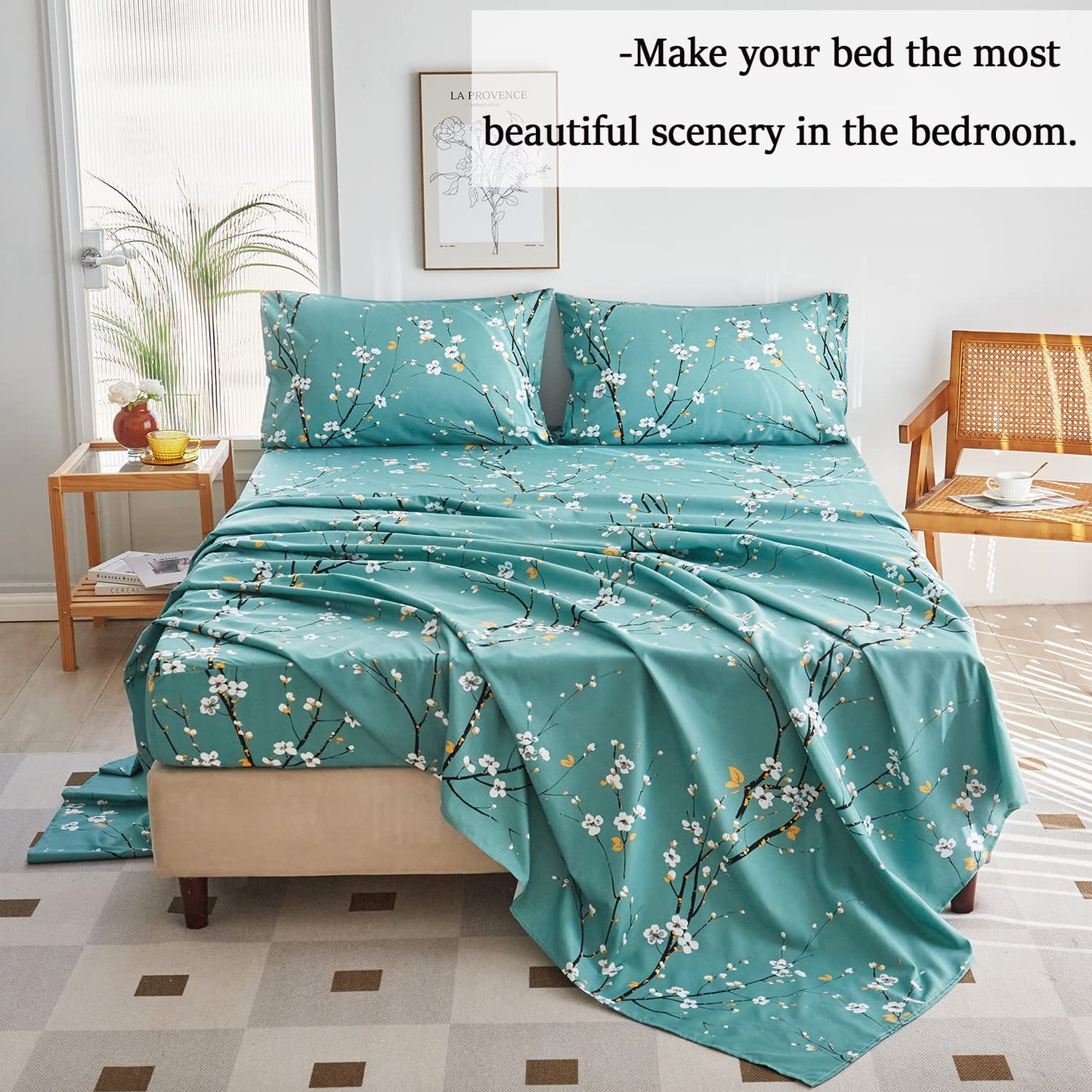 Teal Sheet Set 4 Pcs Queen Sheet Set Floral Print