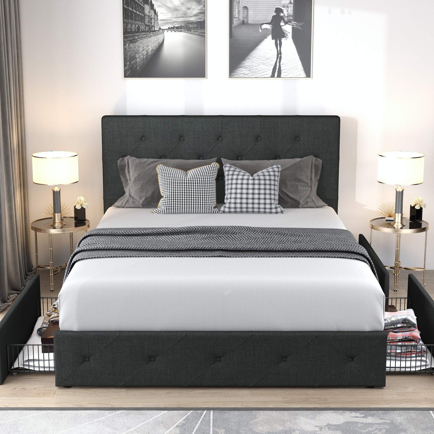 Upholstered Platform Bed Frame with 4 Storage Drawers and Headboard