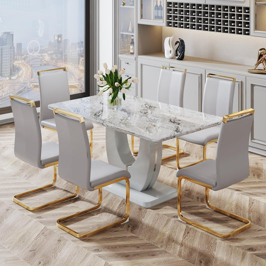 Modern Dining Table Set for 6, Faux Marble Tabletop ＆ 6 Chairs