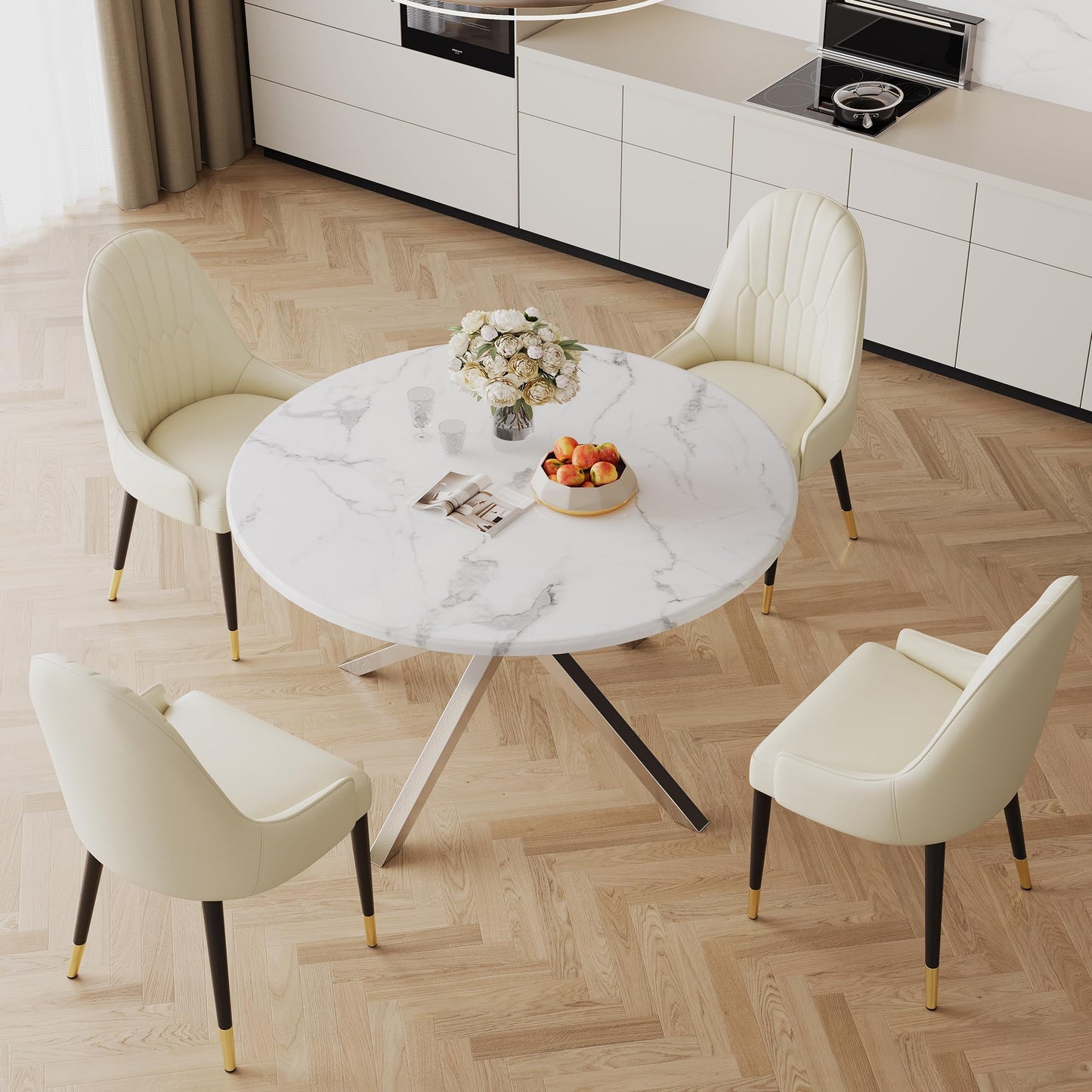 70 Inch White Marble Kitchen Table with Gold Mirrored Cabriole Legs