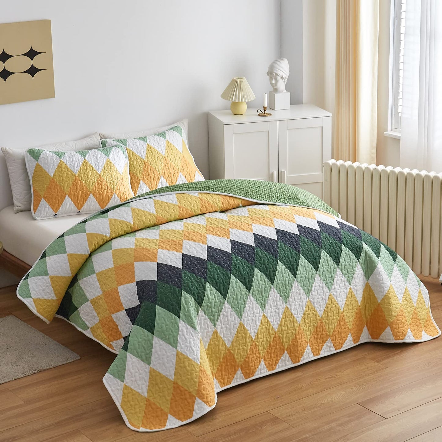 Yellow Green Rhomb Plaid Quilt Set 3pc Queen Size Reversible Coverlet