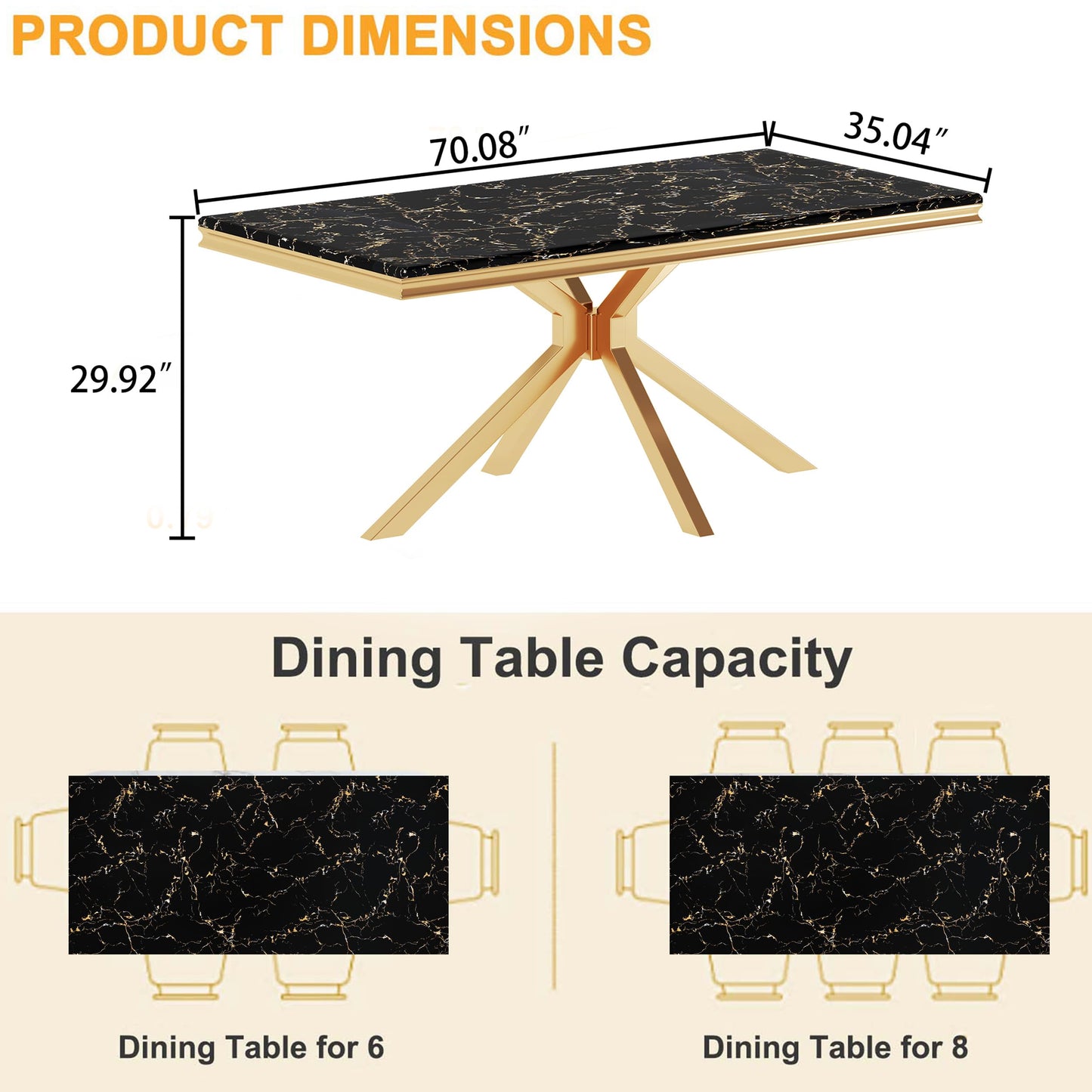 70 Inch White Marble Kitchen Table with Gold Mirrored Cabriole Legs