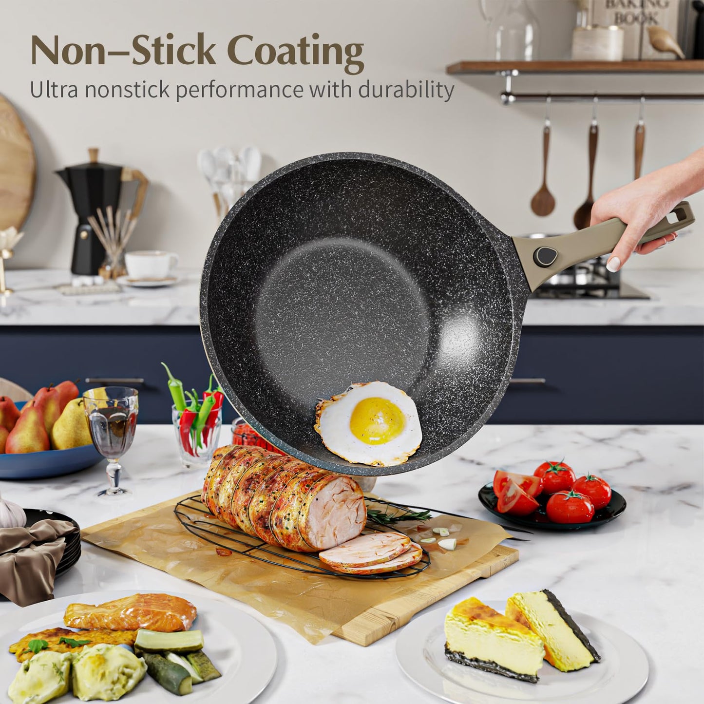 Nonstick Pots and Pans Set, Brown Granite Induction with Stay Handles