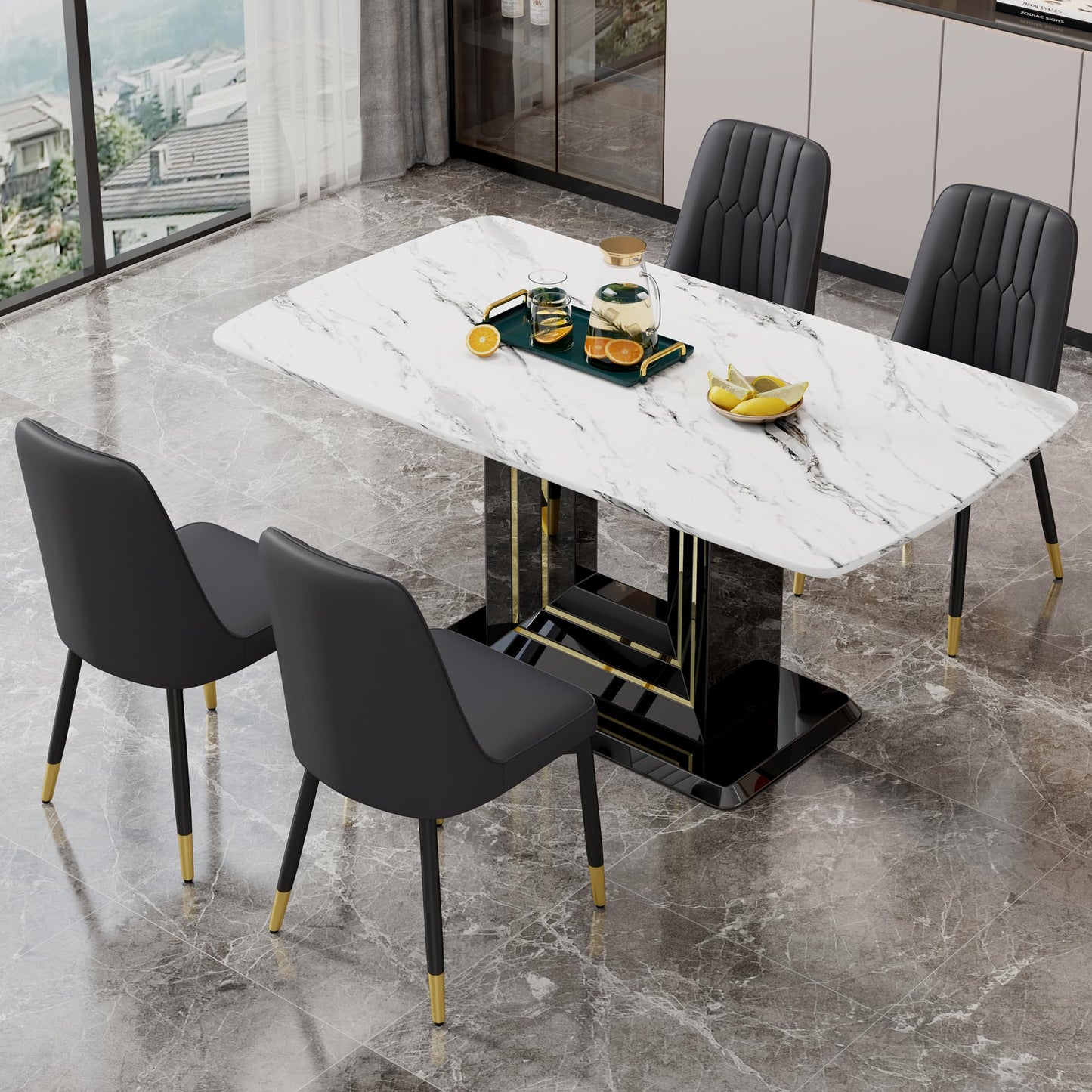 Dining Table Set for 6, White Faux Marble Pattern Table with 6 Modern Dining Chairs