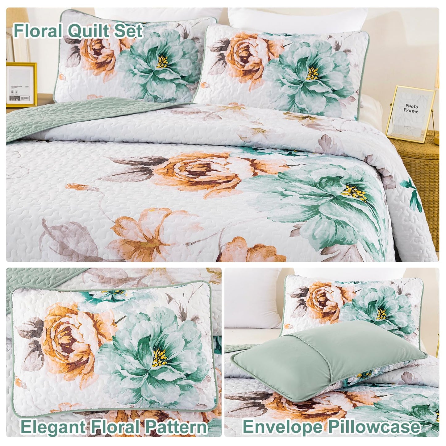 Purple Floral Quilt Set Queen Size, 3 Pieces Botanical Flower Printed