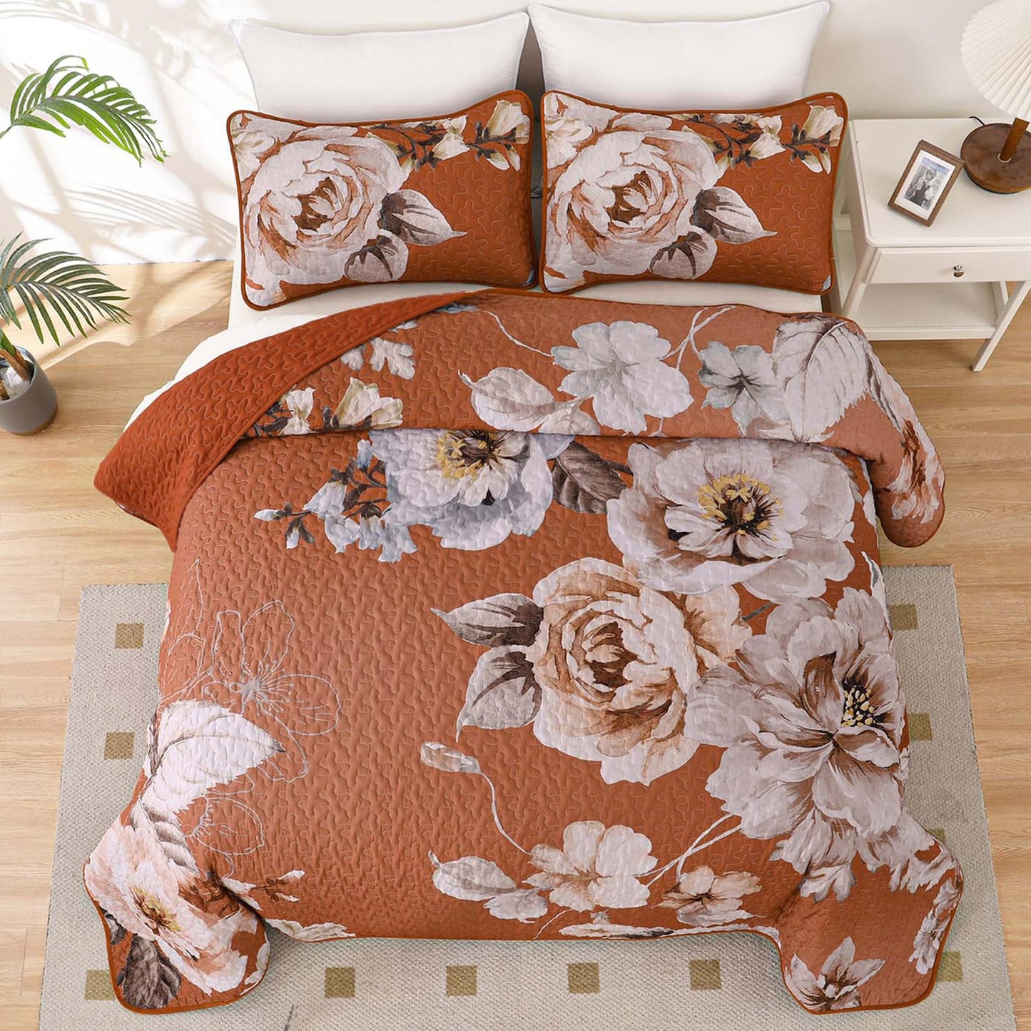 Purple Floral Quilt Set Queen Size, 3 Pieces Botanical Flower Printed