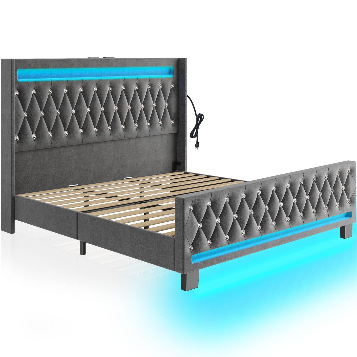 LED Light and Charging Station, Upholstered High Headboard and Footboard