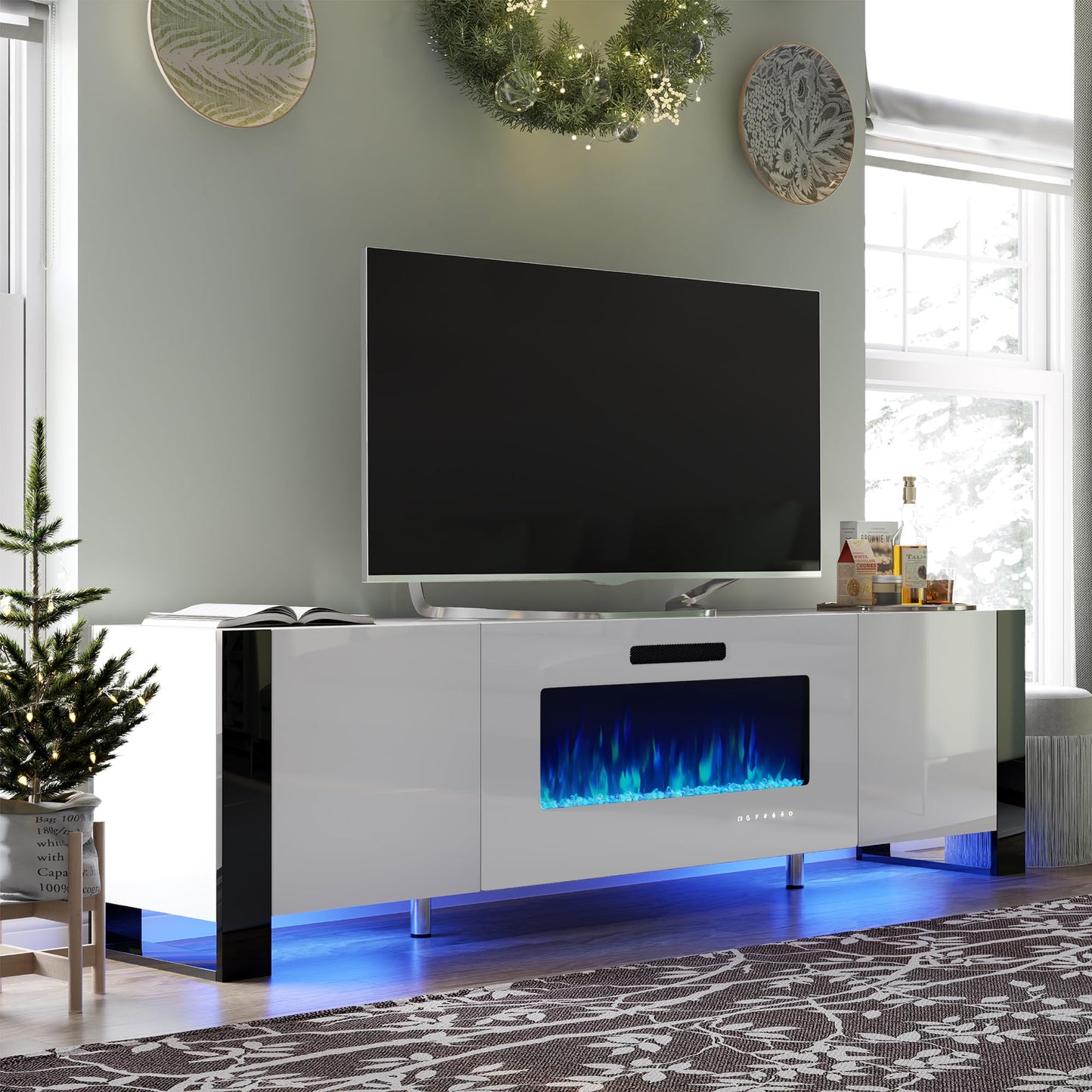 70" Fireplace TV Stand with 36" Electric Fireplace, High Gloss with LED Lights