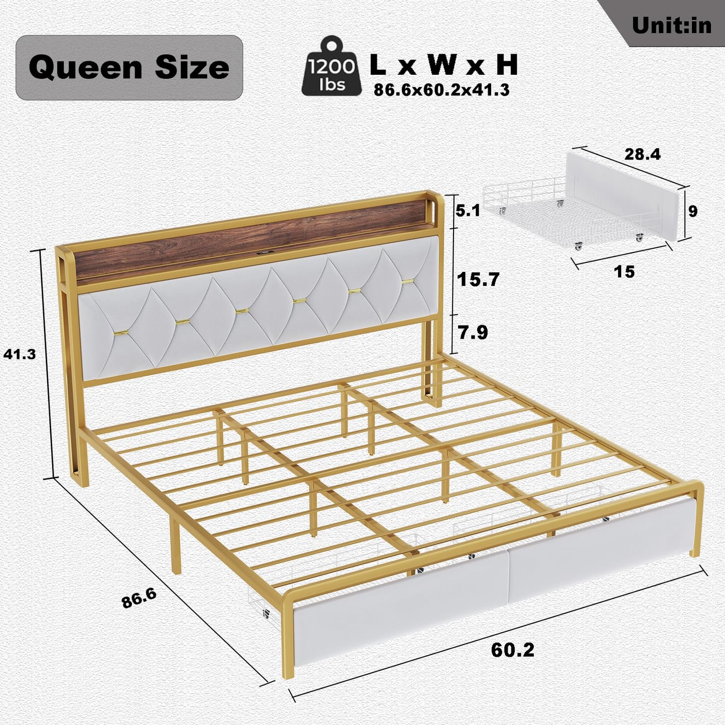 Led King Platform Bed Frame with Faux Leather Storage Headboard