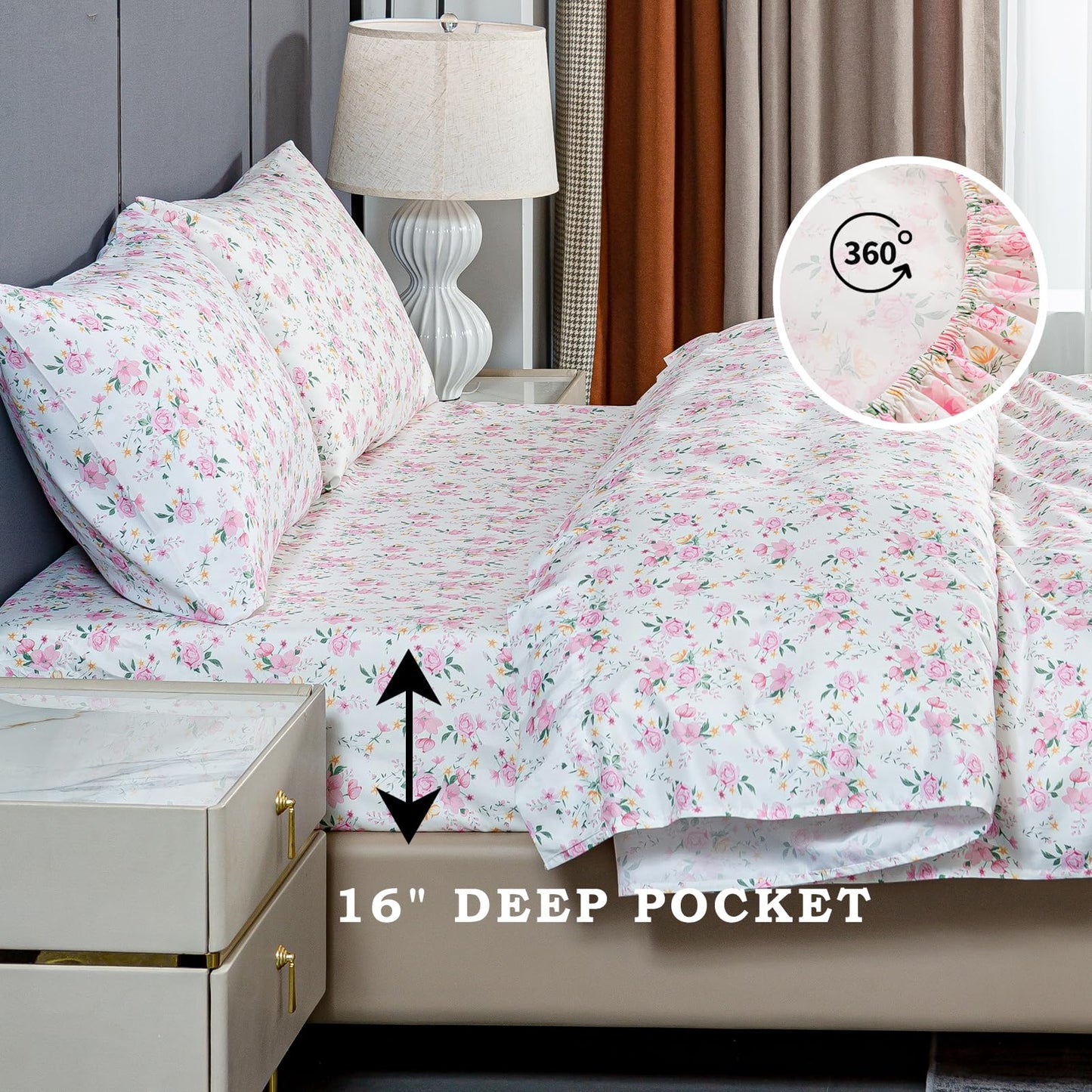 Queen Sheet Set Ultra Soft Breathable Silky Flower Bed Sheets Deep Pocket