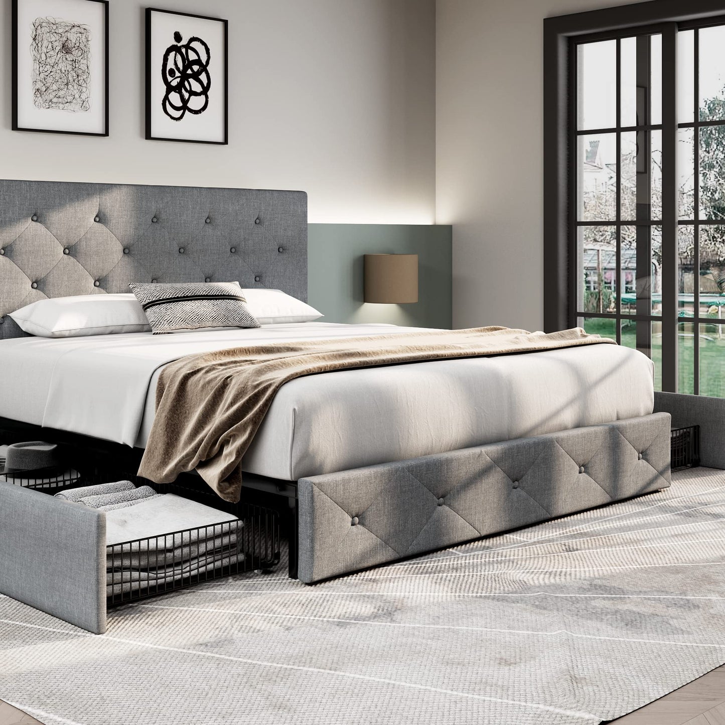 Upholstered Platform Bed Frame with 4 Storage Drawers and Headboard