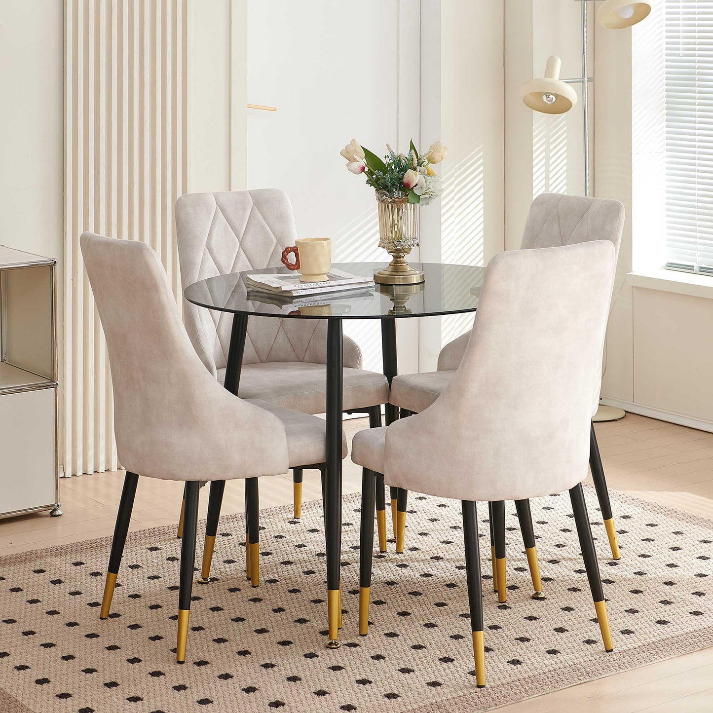 Kitchen Table and Chairs Set, Grey Glass Round Table with Metal Legs, 4 Chairs