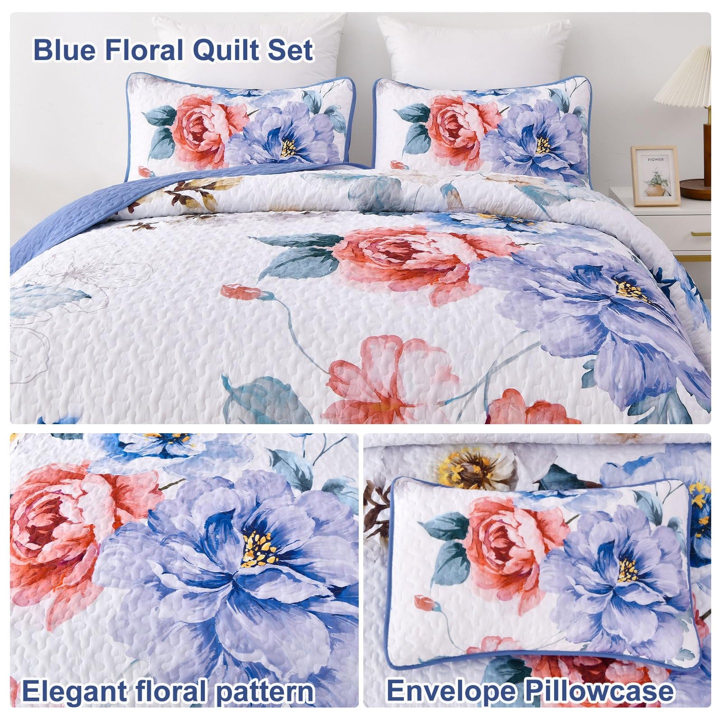 Purple Floral Quilt Set Queen Size, 3 Pieces Botanical Flower Printed