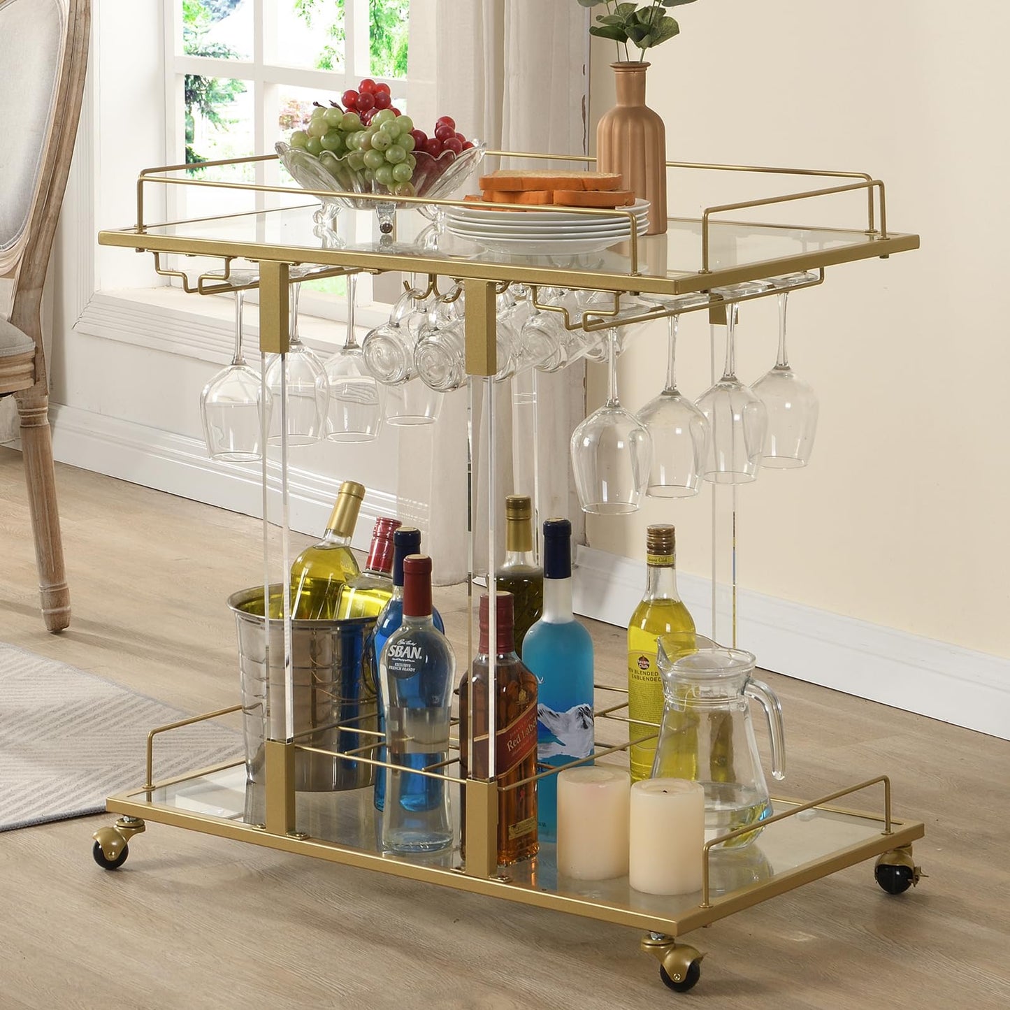 Silver Bar Cart Home Bar Serving Cart with Wine Rack 2-Tier Acrylic