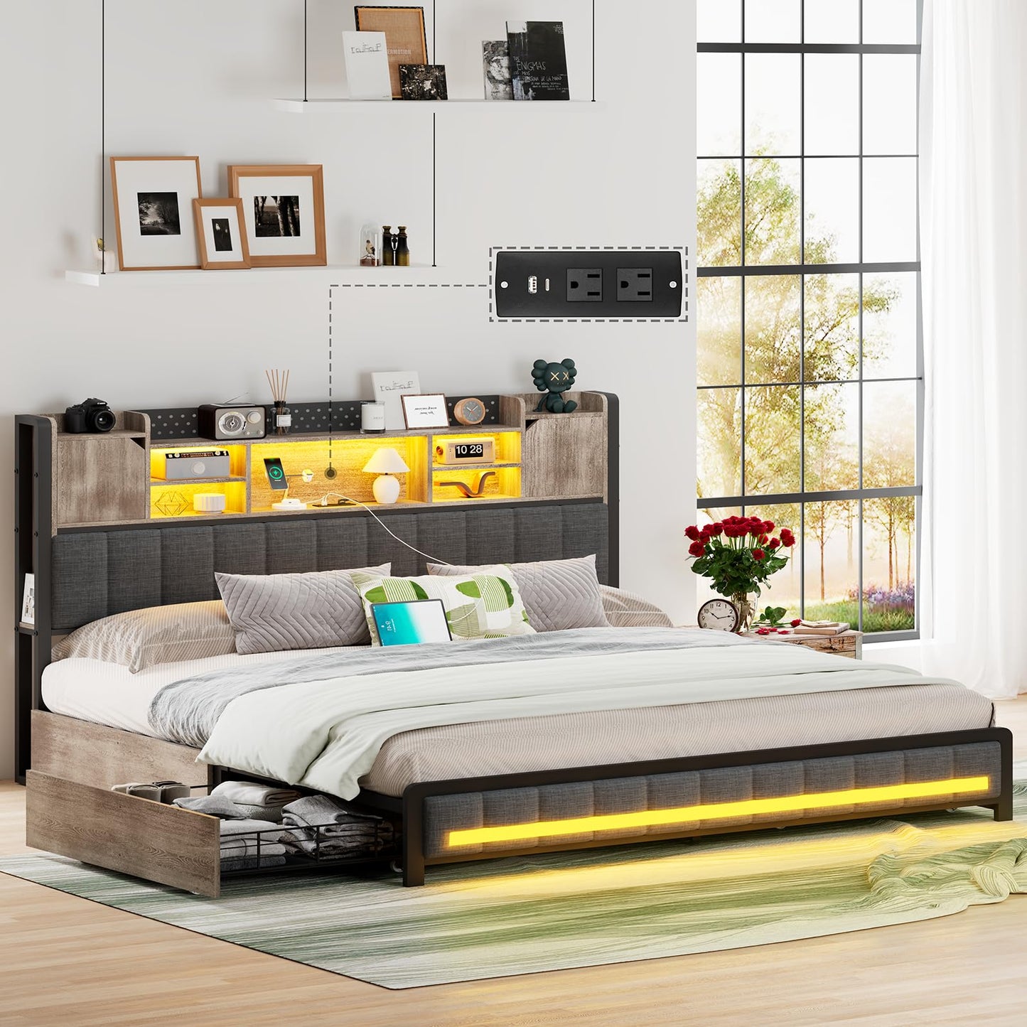 King LED Upholstered Metal Bed Frame with Storage Headboard