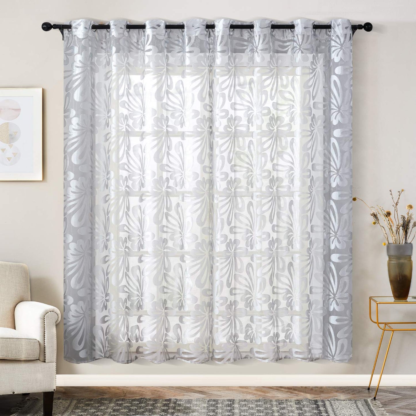 Floral Voile Sheer Curtains 84 Inches Long - Window Treatments 2 Panels