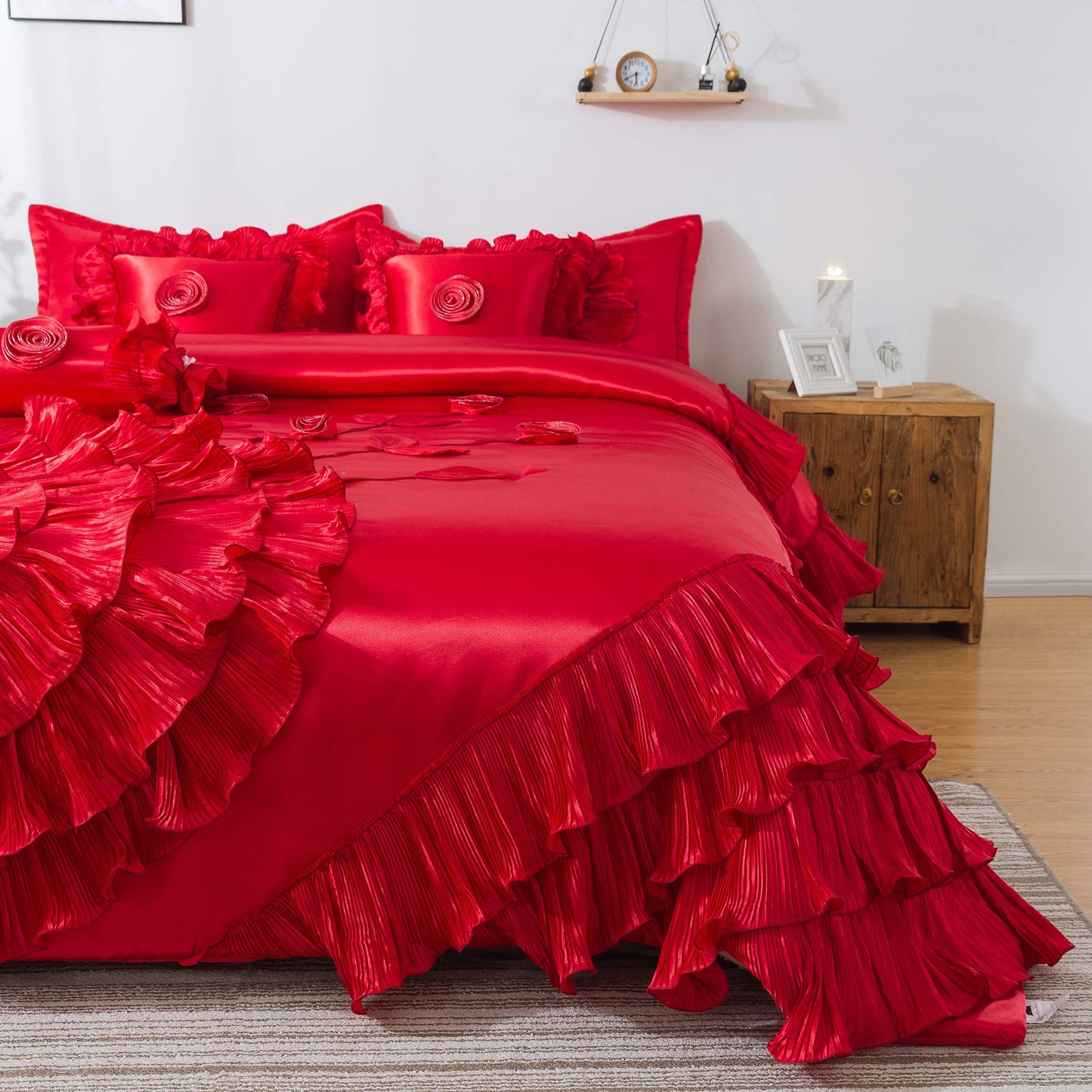 Solid Bright Red Satin Bedding Ruffle Comforter Queen Comforter Set Red