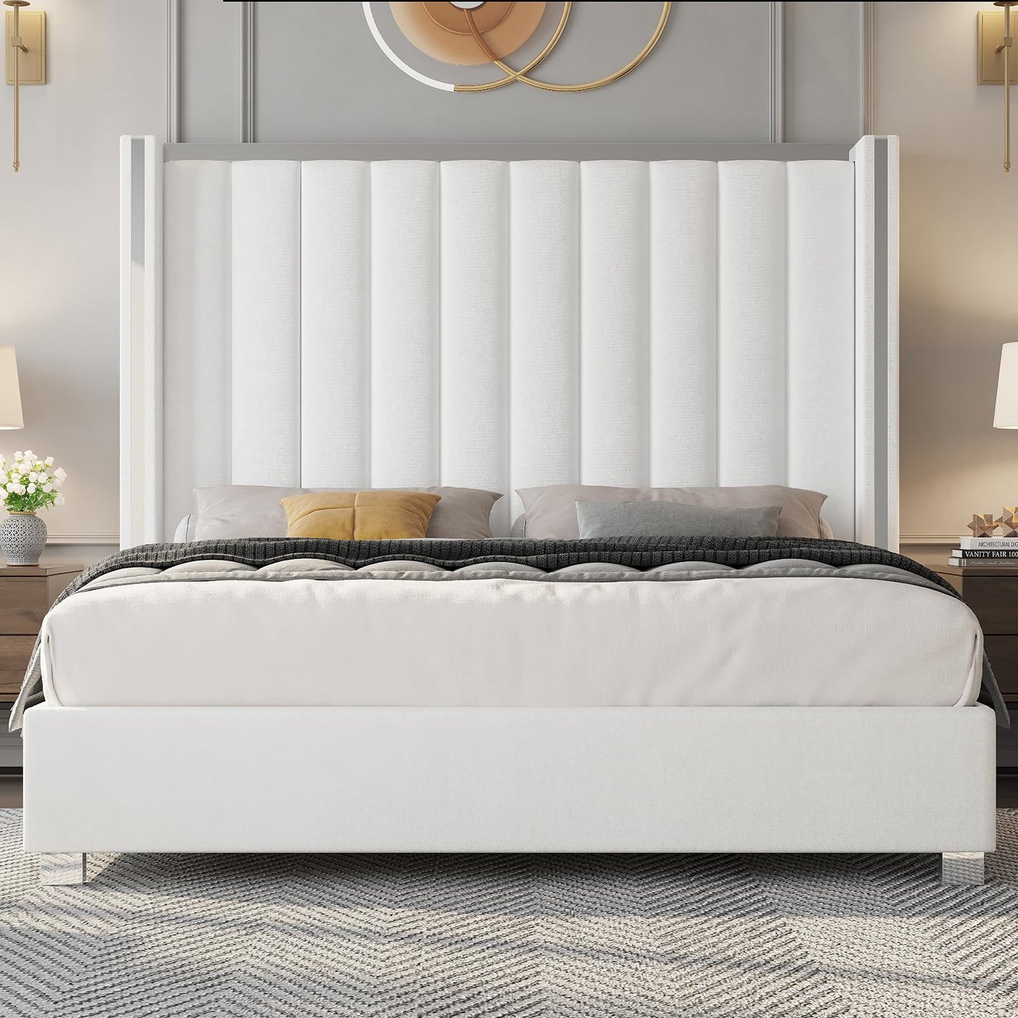 58" Tall Headboard, Velvet Upholstered Platform Bed with Channel Tufted Wingback